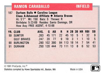 1991-92 ProCards Tomorrow's Heroes #187 Ramon Caraballo Back