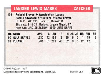 1991-92 ProCards Tomorrow's Heroes #193 Lance Marks Back