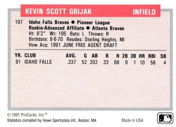 1991-92 ProCards Tomorrow's Heroes #197 Kevin Grijak Back