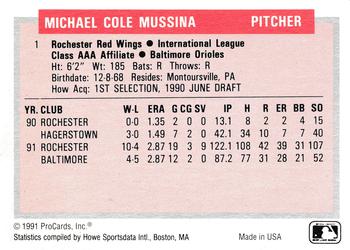 1991-92 ProCards Tomorrow's Heroes #1 Mike Mussina Back