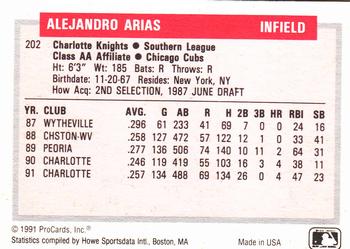1991-92 ProCards Tomorrow's Heroes #202 Alex Arias Back
