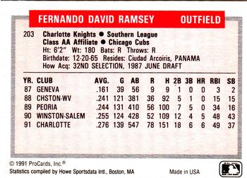 1991-92 ProCards Tomorrow's Heroes #203 Fernando Ramsey Back