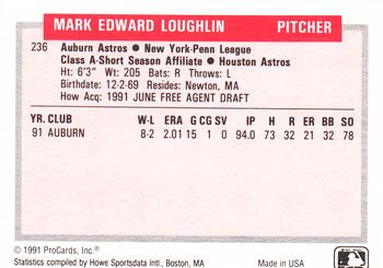 1991-92 ProCards Tomorrow's Heroes #236 Mark Loughlin Back