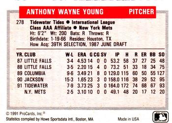 1991-92 ProCards Tomorrow's Heroes #278 Anthony Young Back