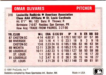 1991-92 ProCards Tomorrow's Heroes #316 Omar Olivares Back