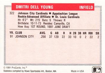 1991-92 ProCards Tomorrow's Heroes #322 Dmitri Young Back