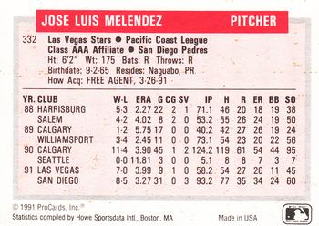 1991-92 ProCards Tomorrow's Heroes #332 Jose Melendez Back