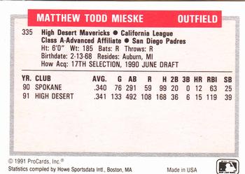 1991-92 ProCards Tomorrow's Heroes #335 Matt Mieske Back