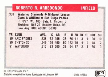 1991-92 ProCards Tomorrow's Heroes #338 Roberto Arredondo Back