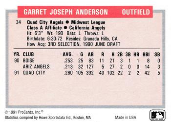 1991-92 ProCards Tomorrow's Heroes #34 Garret Anderson Back