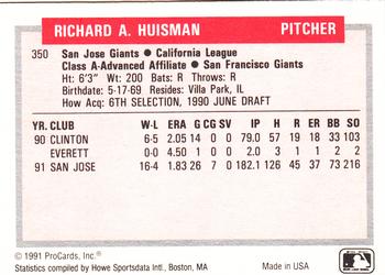 1991-92 ProCards Tomorrow's Heroes #350 Rich Huisman Back