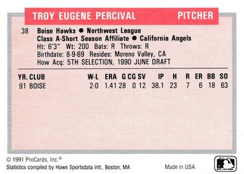 1991-92 ProCards Tomorrow's Heroes #38 Troy Percival Back