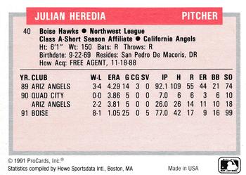 1991-92 ProCards Tomorrow's Heroes #40 Julian Heredia Back