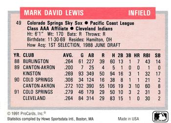 1991-92 ProCards Tomorrow's Heroes #49 Mark Lewis Back