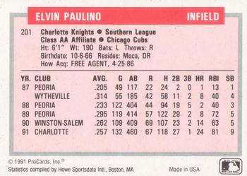 1991-92 ProCards Tomorrow's Heroes #201 Elvin Paulino Back