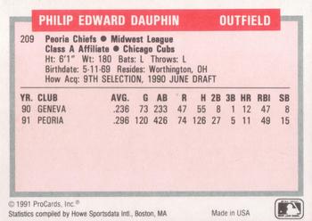 1991-92 ProCards Tomorrow's Heroes #209 Phil Dauphin Back