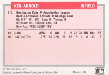 1991-92 ProCards Tomorrow's Heroes #212 Ken Arnold Back
