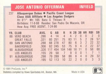 1991-92 ProCards Tomorrow's Heroes #237 Jose Offerman Back