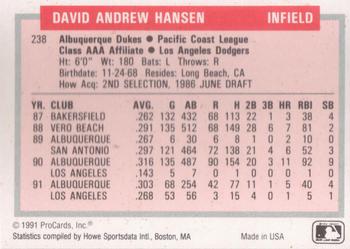 1991-92 ProCards Tomorrow's Heroes #238 Dave Hansen Back