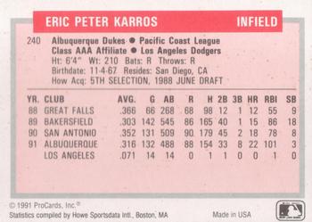 1991-92 ProCards Tomorrow's Heroes #240 Eric Karros Back