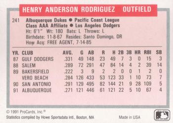 1991-92 ProCards Tomorrow's Heroes #241 Henry Rodriguez Back