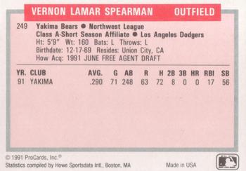 1991-92 ProCards Tomorrow's Heroes #249 Vernon Spearman Back