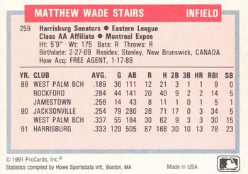 1991-92 ProCards Tomorrow's Heroes #259 Matt Stairs Back