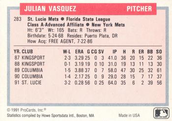 1991-92 ProCards Tomorrow's Heroes #283 Julian Vasquez Back