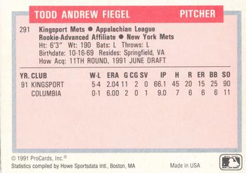 1991-92 ProCards Tomorrow's Heroes #291 Todd Fiegel Back