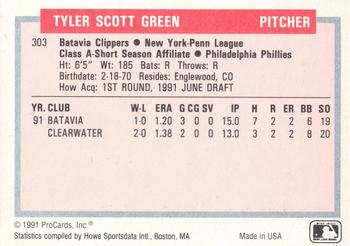 1991-92 ProCards Tomorrow's Heroes #303 Tyler Green Back