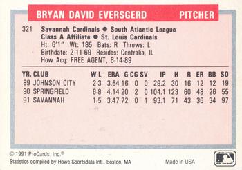 1991-92 ProCards Tomorrow's Heroes #321 Bryan Eversgerd Back