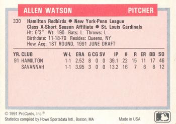 1991-92 ProCards Tomorrow's Heroes #330 Allen Watson Back