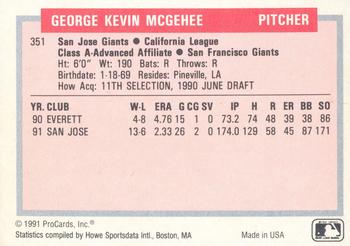 1991-92 ProCards Tomorrow's Heroes #351 Kevin McGehee Back