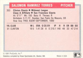 1991-92 ProCards Tomorrow's Heroes #353 Salomon Torres Back