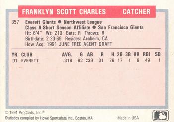 1991-92 ProCards Tomorrow's Heroes #357 Frank Charles Back