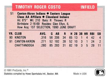 1991-92 ProCards Tomorrow's Heroes #51 Tim Costo Back