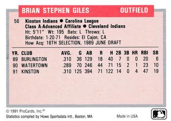1991-92 ProCards Tomorrow's Heroes #56 Brian Giles Back