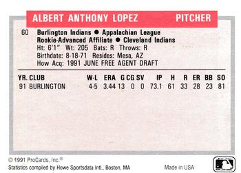 1991-92 ProCards Tomorrow's Heroes #60 Albie Lopez Back