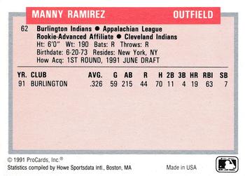 1991-92 ProCards Tomorrow's Heroes #62 Manny Ramirez Back