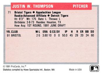 1991-92 ProCards Tomorrow's Heroes #71 Justin Thompson Back