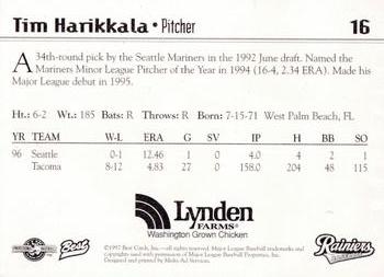 1997 Best Tacoma Rainiers #16 Tim Harikkala Back