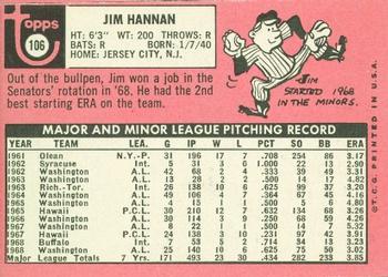 1969 Topps #106 Jim Hannan Back