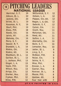 1969 Topps #10 National League 1968 Pitching Leaders (Juan Marichal / Bob Gibson / Fergie Jenkins) Back