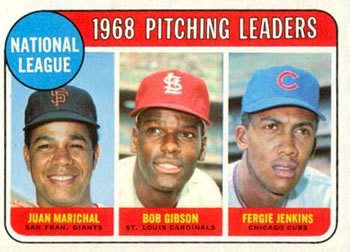 1969 Topps #10 National League 1968 Pitching Leaders (Juan Marichal / Bob Gibson / Fergie Jenkins) Front
