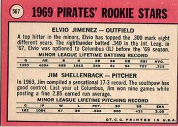 1969 Topps #567 Pirates 1969 Rookie Stars (Elvio Jimenez / Jim Shellenback) Back