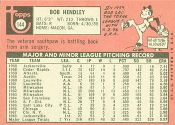 1969 Topps #144 Bob Hendley Back