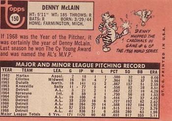 1969 Topps #150 Denny McLain Back