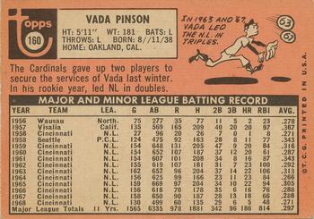 1969 Topps #160 Vada Pinson Back