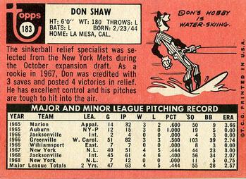 1969 Topps #183 Don Shaw Back