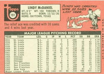 1969 Topps #191 Lindy McDaniel Back